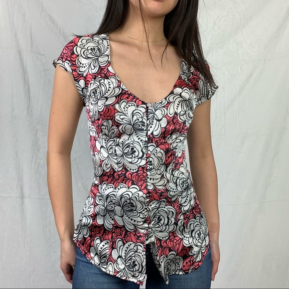 guess jeans xs pink and white silk floral abstract blouse - Picture 8 of 16